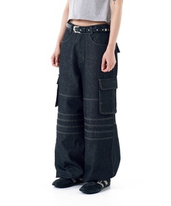 Pantalon cargo en denim taille haute coupe ample couleur unie style utilitaire pour homme – Jean en coton mi-lourd pour l'automne, lavage classique - Product Image 2