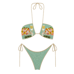 Conjunto de Bikini Blanco con Cuello Halter, Adornado con Cuentas a Mano, Diseño con Estampado de Ciudad Mediterránea y Corte Lateral en la Parte Inferior, Traje de Baño para Mujer, Ropa de Playa - Product Image 3