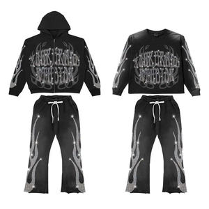 Ensemble de survêtement délavé pour homme, sweat à capuche épais et pantalon de jogging brodé, style streetwear vintage, mode décontractée, deux pièces - Product Image 3