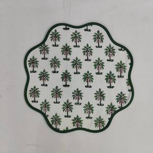 Round scalloped botanical Placemat Block Print fabric <b>table</b> mat easy care machine washable <b>rustic</b> kitchen decor <b>dining</b> mat <b>set</b> - Product Image 2