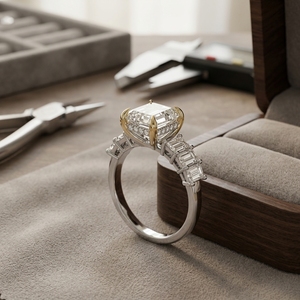 Anillo de Lujo para Mujer en Oro de 10k, 14k y 18k con Diamante Cultivado en Laboratorio de Corte Esmeralda y Diamante de Corte Radiante en Oro Amarillo de Dos Tonos - Product Image 5