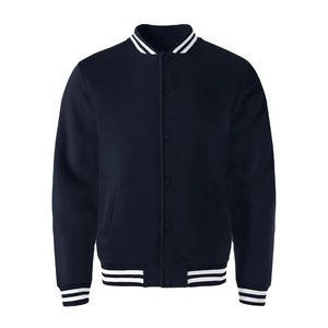 Crescent Wear Unisex Navy Blue Varsity Jacket Turn-down Collar Regular Fit <b>Fleece</b> Material Preppy Style Winter Windproof <b>Zipper</b> - Product Image 1