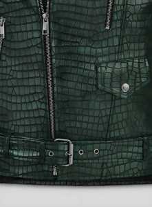 Veste de motard en cuir véritable gaufré crocodile vert foncé pour homme, avec fermeture éclair asymétrique et ceinture, vêtement d'extérieur de moto sur mesure - Product Image 5