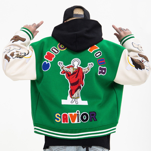 Green Men's Hooded Varsity Jacket with Embroidered Savior Character Patch Design Streetwear Style Pullover Coat - Product Image 2