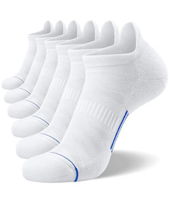 Calcetines tobilleros blancos acolchados para hombre, transpirables, de punto, con un sutil acento azul y patrón de dibujos animados, para uso diario y entrenamientos. - Product Image 1