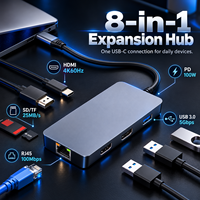 Docking Station Aluminium Alloy USB-C 8-in-1 4K 60Hz USB Hub dengan RJ45 100W PD Pembaca Kartu SD TF untuk Laptop Tersedia