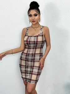 Robe moulante mini à carreaux, col carré, sans manches, style ajusté, tenue de soirée, toutes saisons, tissu tissé, robe décontractée sexy - Product Image 3