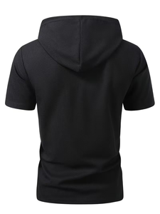 Men's Black Hooded Short Sleeve Knitted T-Shirt Regular Fit Eco-Friendly Casual Street Style 100% Cotton or Polyester Blend - Product Image 2