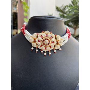 Parure de bijoux indiens ethniques pour femme, collier ras-du-cou en laiton plaqué or, fait main, motif floral Jaal Puwai multicolore, style traditionnel indien - Product Image 3