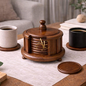 Handcrafted Wooden Round <b>Coaster</b> <b>Set</b> <b>With</b> Lidded <b>Holder</b> Minimalist Drink <b>Coasters</b> Tableware Decorative Unique Handicraft Item - Product Image 1