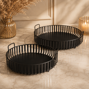 Modern Black Metal Round Storage Trays with Handles Minimalist Design for <b>Table</b> Neatening and Organization Set of 2 - Product Image 1
