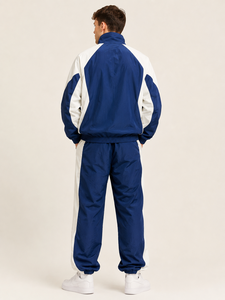 Ensemble de survêtement à capuche pour homme, bleu et blanc, à blocs de couleur, demi-manches, fermeture éclair, style sportif décontracté, respirant, léger, coupe classique - Product Image 2