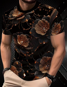 T-shirt à manches courtes pour homme, imprimé floral, coupe ajustée, col rond, vêtement décontracté, tissu en polyester tissé imprimé par sublimation - Product Image 1