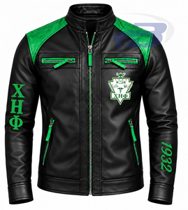 Chaqueta de cuero para motocicleta Chi Eta Phi Sorority para mujer, personalizada, en bloques de color negro y verde, con cremallera frontal, estilo racing. - Product Image 1