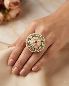 Heavy Work Kundan Pearl Beaded <b>Adjustable</b> <b>Ring</b> For Women Gold Plated Fashion <b>Ring</b> For Wedding Reception Festive Wear Collections - Product Image 2