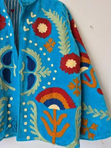 Luxury Sky Blue <b>Velvet</b> Suzani Embroidered <b>Jacket</b> With Floral Pattern Full Sleeve Stand Collar Bohemian <b>Women's</b> Warm wear - Product Image 6