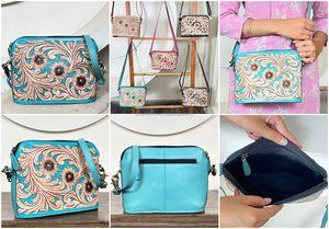 Sac à main pour femme en cuir véritable de vachette, design moderne, logo personnalisé, cuir travaillé à la main, motif floral, sac bandoulière - Product Image 3