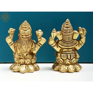 Sculpture en laiton de 2 pouces faite à la main du seigneur Ganesha et de la déesse Lakshmi avec petite sculpture élégante fabriquée en Inde - Product Image 4