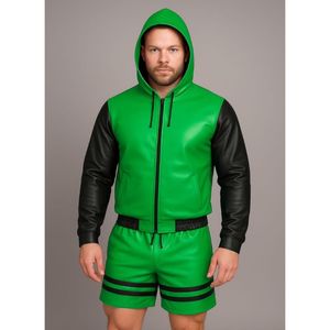handmade green and black <b>leather</b> hoodie <b>jacket</b> from <b>Jacket</b> - Product Image 1