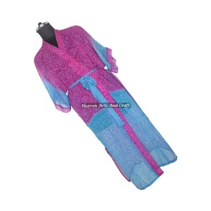 KL005 Beautiful Vintage Blended Poly Silk Sari Kimono Long Robe Double Pocket Nightgown Women Summer <b>Winter</b> Quick Dry Drawstring - Product Image 4