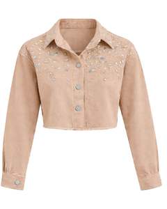 Chaqueta Vaquera Corta Beige Personalizada para Mujer con Adornos de Diamantes de Imitación en los Hombros, Botones y Manga Larga, Estilo Casual y Moderno - Product Image 1
