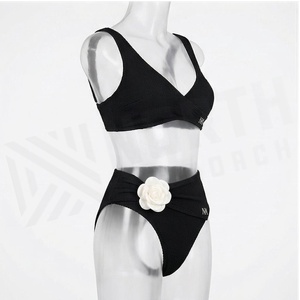 Ensemble bikini noir côtelé 2 pièces avec décoration florale 3D, col en V profond, taille haute, maillot de bain pour femme - Product Image 3