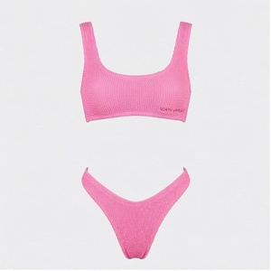 Ensemble de bikini rose en tricot NORTH APPEAL, haut bandeau à col rond, bas string, couleur unie, maillot de bain extensible pour femmes - Product Image 1