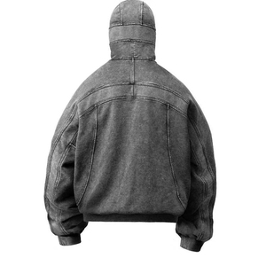Sweat à capuche vintage oversize à masque intégral, délavé à l'acide soufré, tricoté décontracté, coupe carrée, effet soleil délavé, style jogger, vente en gros - Product Image 3