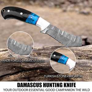 Couteau en acier Damas fait main sur mesure |   Couteau de chasse et de camping à lame fixe avec manche en turquoise et corne, étui en cuir gaufré - Product Image 5