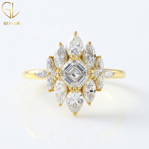 Asscher Cut Moissanite Diamond Cluster <b>Ring</b>, Vintage Style <b>Ring</b>, 14k Gold Floral Halo Cluster Engagement <b>Ring</b> For Women - Product Image 1