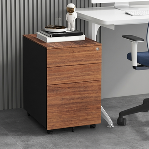 Meuble de rangement mobile en acier à 3 tiroirs, avec roulettes et serrure, façades imitation bois, idéal pour bureaux ou ateliers - Product Image 3