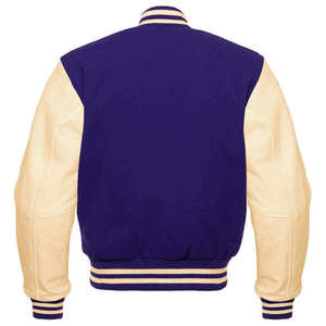 Men's <b>Purple</b> <b>Varsity</b> <b>Jacket</b> With Beige Leather Sleeves Turn-down Collar Button Closure Preppy Style Autumn Wear - Product Image 2