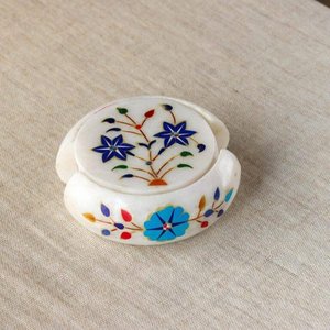 Luxury White and Pink <b>Marble</b> <b>Coaster</b> Round Natural Stone Drink <b>Coaster</b> with Metallic Gold Brass Inlay Strip - Product Image 5
