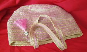 Sac cabas en paille rose rayé style bohème avec pompon, sac à main de plage décontracté pour femme, ouvert, léger, deux poignées - Product Image 4