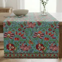 Taplak Meja Bermotif Bunga Persegi Katun Cetak Tangan Gaya Katun Tradisional Pola Hijau Merah Untuk Penggunaan Rumah Tangga