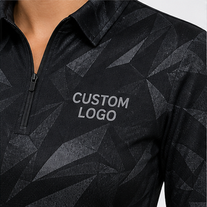 Custom <b>Black</b> Charcoal Angular Geometric Print Womens Long Sleeve Quarter Zip <b>Polo</b> Shirt Quick Dry Performance Golf <b>Top</b> WPS-0713 - Product Image 5