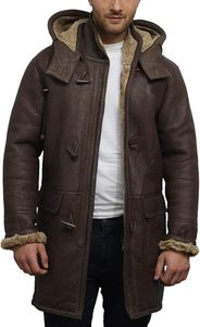 Men's Brown Genuine Leather Hooded Long <b>Coat</b> With <b>Faux</b> <b>Fur</b> Lining Windproof Winter Jacket Casual Style Regular Fit - Product Image 4