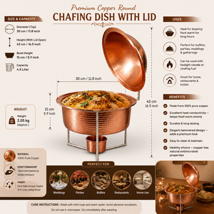 Pure Copper Hammered <b>Buffet</b> Chafing Dish with Lid, Hotel Catering Food Warmer, Round Serving Chafer, Restaurant <b>Buffet</b> <b>Server</b> - Product Image 5