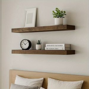 2 étagères murales flottantes en bois massif au design moderne, gain de place pour salon et cuisine - Product Image 4