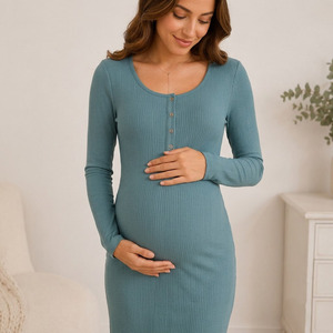 Vestido de Maternidad Acanalado de Manga Larga con Botones Delanteros, Largo hasta la Rodilla, Color Sólido, Tipo Camisón para Mujer - Product Image 6