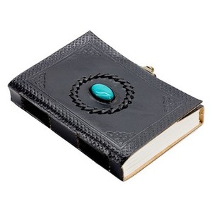 สมุดบันทึกหนังแท้สีดำ 100% พร้อมฝาปิดประดับหินตรงกลาง ตัวล็อคแบบทองเหลืองโบราณ หน้ากระดาษสีขาวเปล่า - Product Image 4