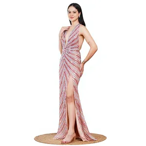 Wholesale Sexy Plunging Neckline Sparkly Sequin Maxi Dress High <b>Thigh</b> Split Mermaid Long Floor-Length Gala Dinner Gown - Product Image 1