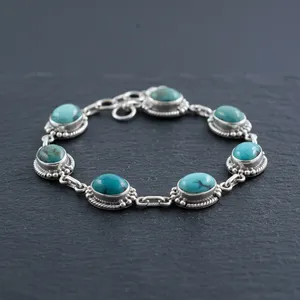 Vintage 925 Sterling Silver Bracelet With Turquoise Stones Bezel Set <b>Chain</b> Link Unisex Jewelry Gift - Product Image 4