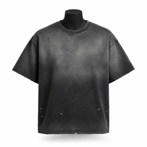 Camiseta de algodón negra lavada de corte holgado para hombre, manga corta, cuello redondo, informal, lisa - Product Image 1