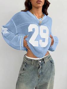Suéter de punto personalizado al por mayor para mujer, jersey de malla oversize con gráfico numérico, estilo urbano, OEM ODM - Product Image 4