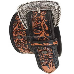 Enuine-Cinturón de cuero OLED tallado a mano, cinturón occidental de herramientas con diseño de flores personalizadas, hebilla de latón - Product Image 5