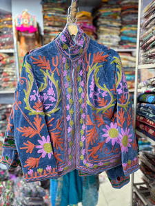 Boho Suzani <b>Velvet</b> <b>Jacket</b> <b>Women</b> Short Handmade Floral Embroidery Traditional Ethnic Open Front Designer Outerwear Coat - Product Image 1