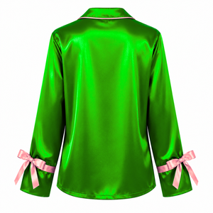 Alpha | Kapa | Alpha Women's Satin Pajama Set Long Sleeve Button-Up Embroidered Two Piece Sleepwear <b>Green</b> With Pink Trim - Product Image 3
