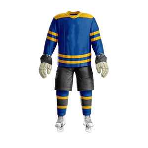 Maillot de hockey sur glace pour homme, col en V, manches longues, sublimé, rayé bleu et jaune, évacuation de l'humidité, coupe classique, vêtement d'hiver - Product Image 1