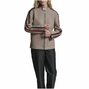 Veste de course pour femme Leathertex, en cuir d'agneau beige de qualité supérieure, manches longues, avec rayures bordeaux et noires, taille XS - Product Image 5